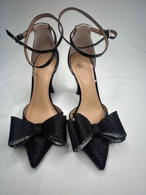 INC International Concepts Black Pointed Toe Bow Ankle-Strap Heels